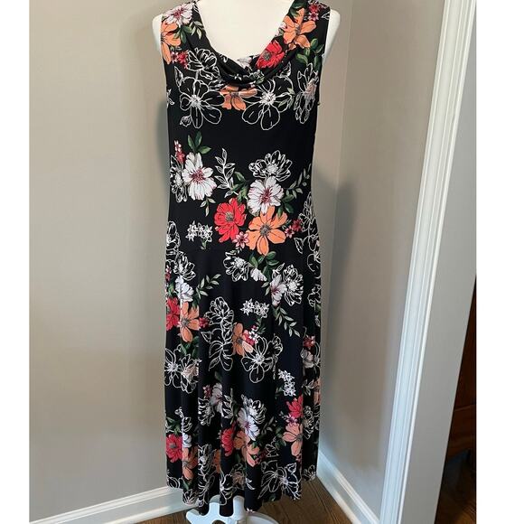 Signature by Robbie Bee Midi Dress Sz M Dark Floral Cowl Neck Sleeveless Stretch - Picture 2 of 11